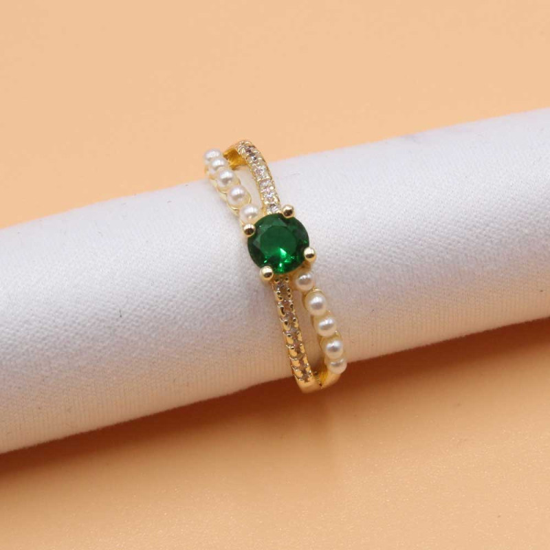 Anello regolabile oro con perle e strass pietra centrale verde (hgh775xx) - pietreeminuterie.com