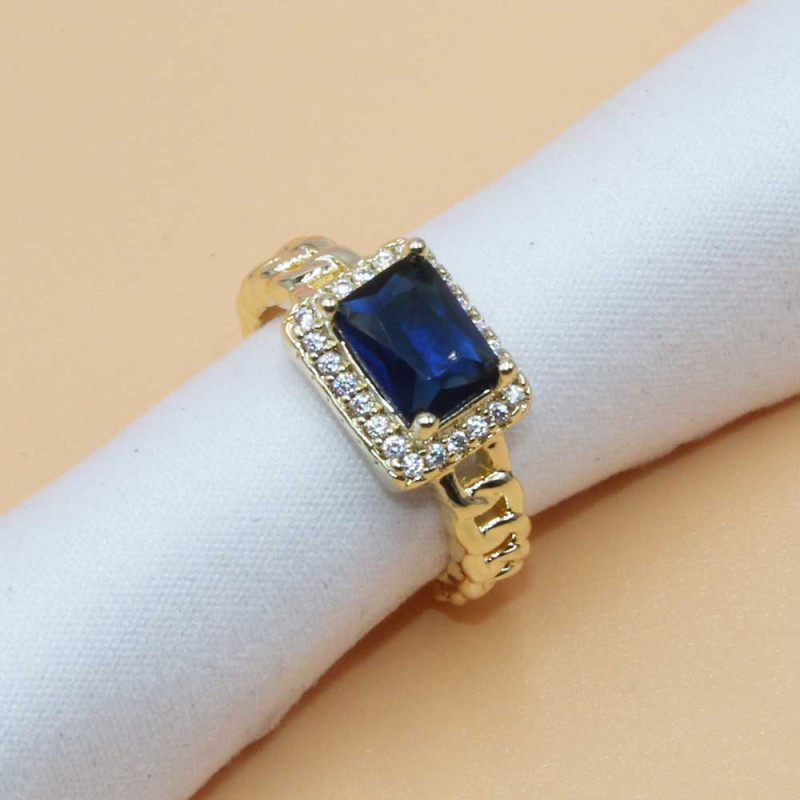 Anello regolabile oro con strass e pietra centrale blu (blu88a1) - pietreeminuterie.com