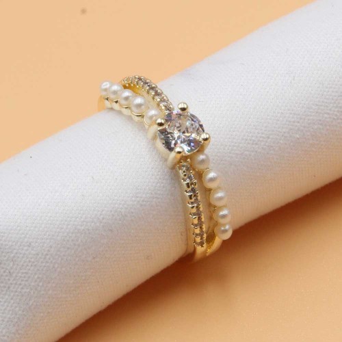Anelli | Anello regolabile oro con perle e strass pietra centrale bianca - bbga2l00