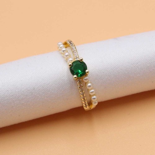 Anelli | Anello regolabile oro con perle e strass pietra centrale verde - hgh775xx