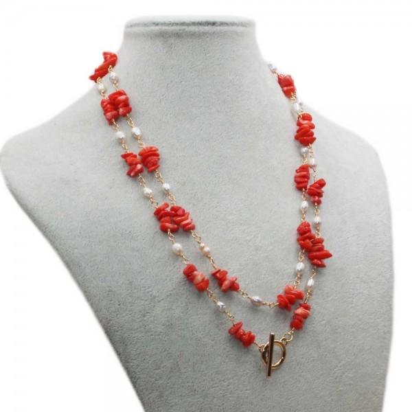 Bigiotteria Artigianale | Collana oro corallo e perle di fiume lunga 90 cm - cor5perle