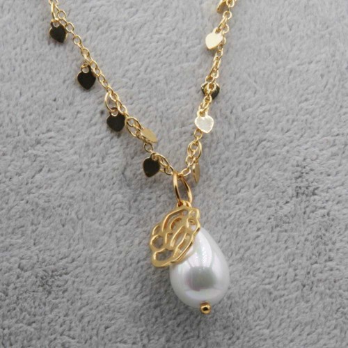 Bigiotteria Artigianale | Collana cuori e perla di maiorca goccia placcata oro 18 kt 43 cm - collcuo99