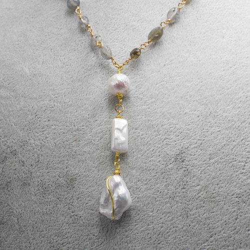Bigiotteria Artigianale | Collana labradorite pepite e perle di fiume 60 cm - pep889labra