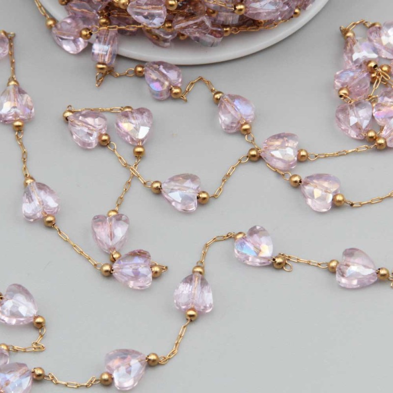 Catena in acciaio oro con cristalli cuori pink a/b con. 20 cm (hear-gy3) - pietreeminuterie.com