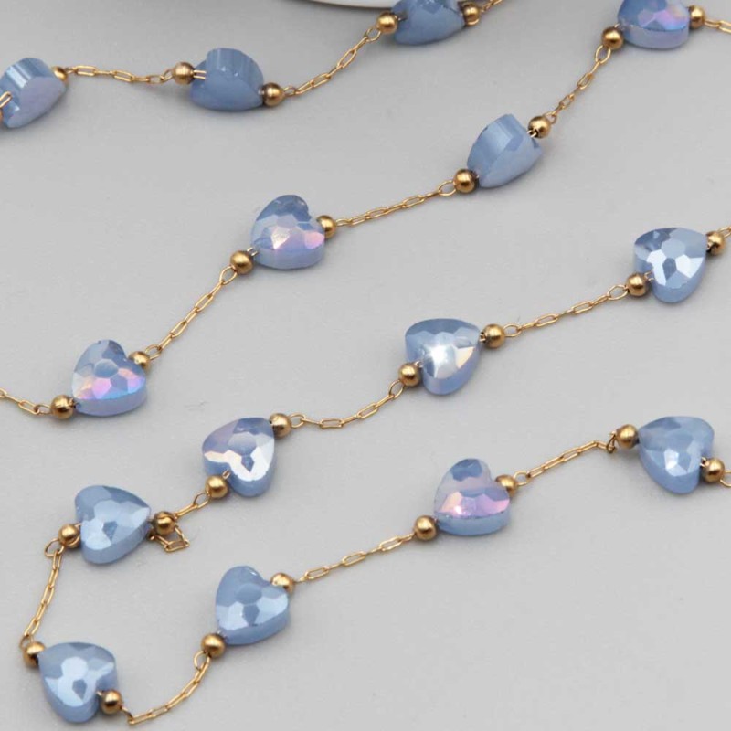 Catena in acciaio oro con cristalli cuori sky blue a/b con. 20 cm (hear-gy2) - pietreeminuterie.com