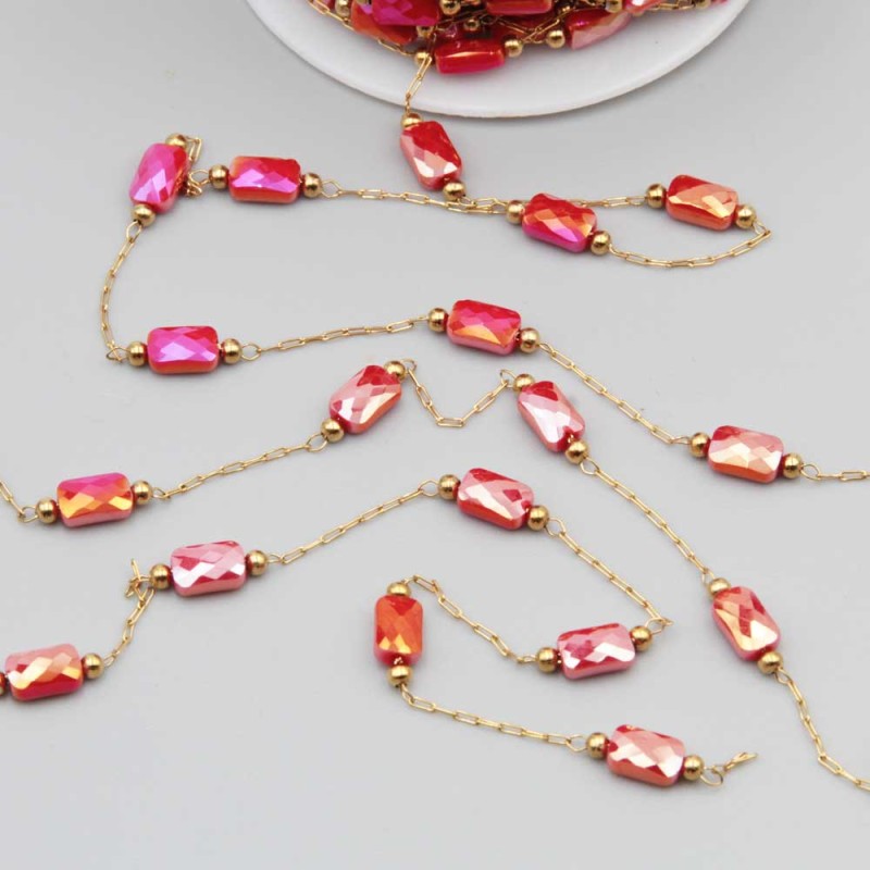 Catena in acciaio oro con cristalli rettangolari bordeaux a/b con. 20 cm (rett-gy7) - pietreeminuterie.com