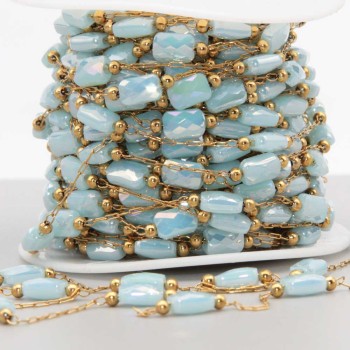 Catena in acciaio oro con cristalli rettangolari celesti a/b con. 20 cm