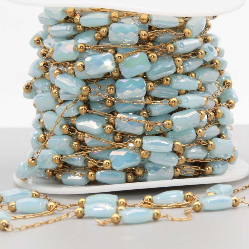 Catena in acciaio oro con cristalli rettangolari celesti a/b con. 20 cm (rett-gv1) - pietreeminuterie.com