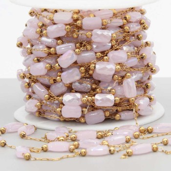 Catena in acciaio oro con cristalli rettangolari rosa a/b con. 20 cm