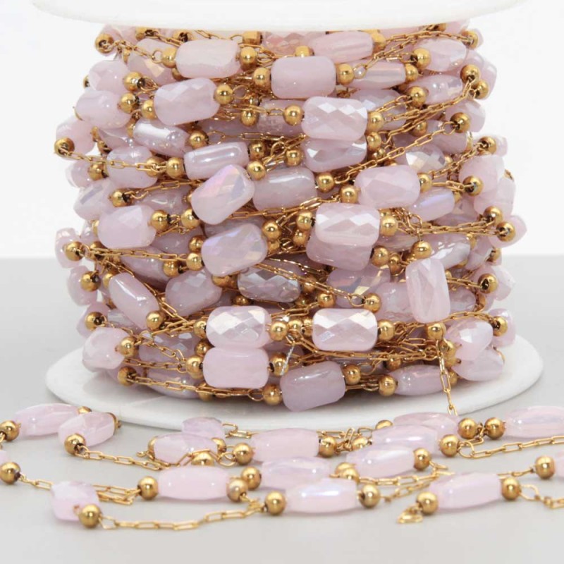 Catena in acciaio oro con cristalli rettangolari rosa a/b con. 20 cm (rett-gy111) - pietreeminuterie.com