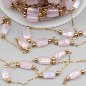 Catena in acciaio oro con cristalli rettangolari rosa a/b con. 20 cm
