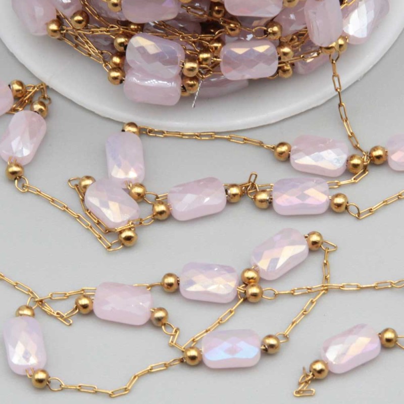 Catena in acciaio oro con cristalli rettangolari rosa a/b con. 20 cm (rett-gy111) - pietreeminuterie.com