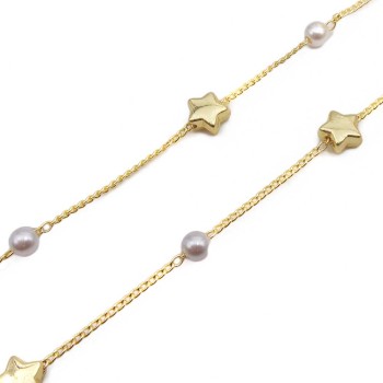 Catena placcata oro 18kt stella 6 mm perle 4 mm pacco 50 cm