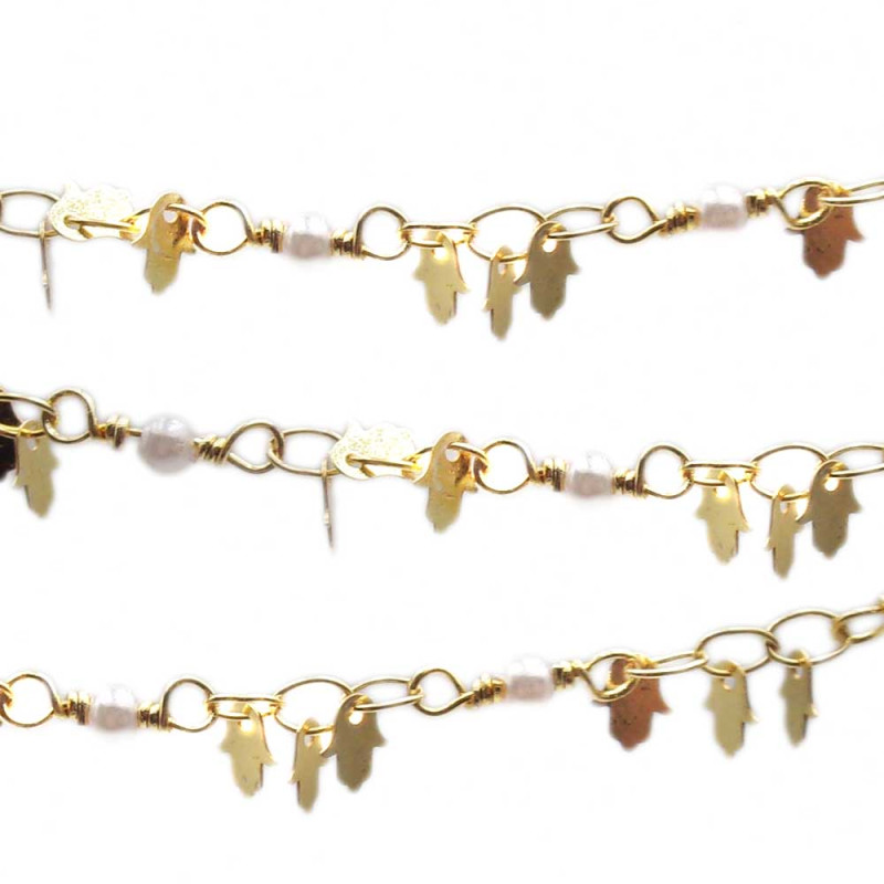 Catena placcata oro 18kt charms mano di fatima 5 mm perla 4 mm pacco 50 cm (18kt1002) - pietreeminuterie.com