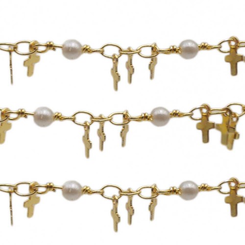 Catene placcate oro 18 Kt | Catena placcata oro 18kt charms croce 6 mm perla 3 mm pacco 50 cm - 18kt1006
