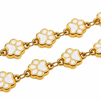 Catena in acciaio oro 24kt zampette cane smaltate bianco 10 mm conf. 20 cm Catena in acciaio oro 24kt zampette cane smaltate bianco 10 mm conf. 20 cm