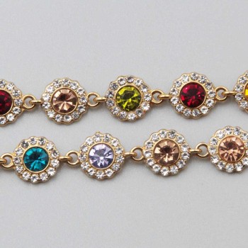 Catena in acciaio oro con strass colorati tondi 10 mm conf. 20 cm