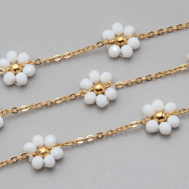 Catena acciaio oro con fiore cristalli bianchi 10 mm conf. 50 cm (fio-1825) - pietreeminuterie.com