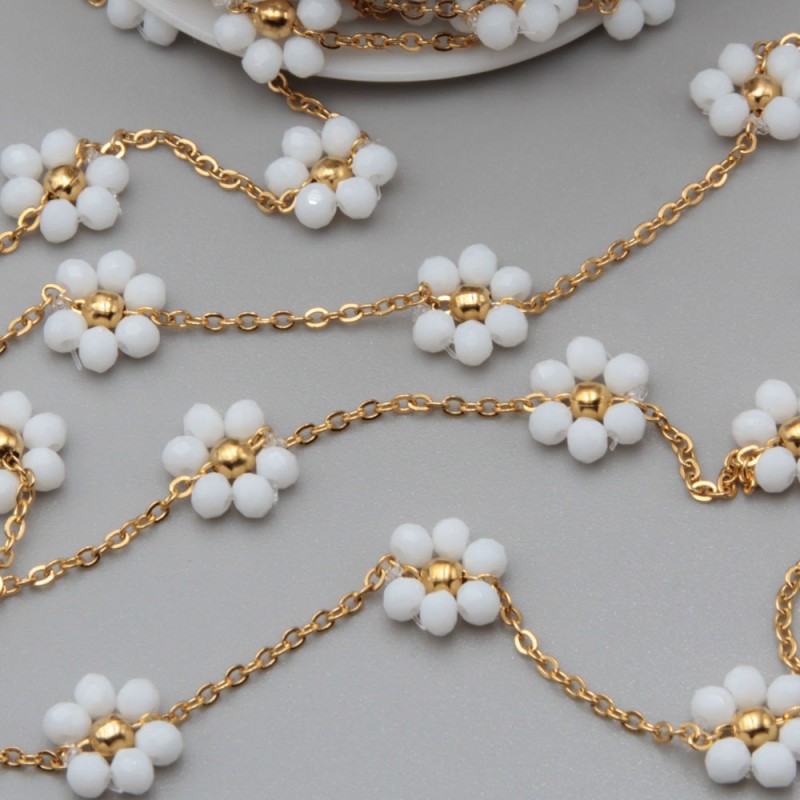 Catena acciaio oro con fiore cristalli bianchi 10 mm conf. 50 cm (fio-1825) - pietreeminuterie.com