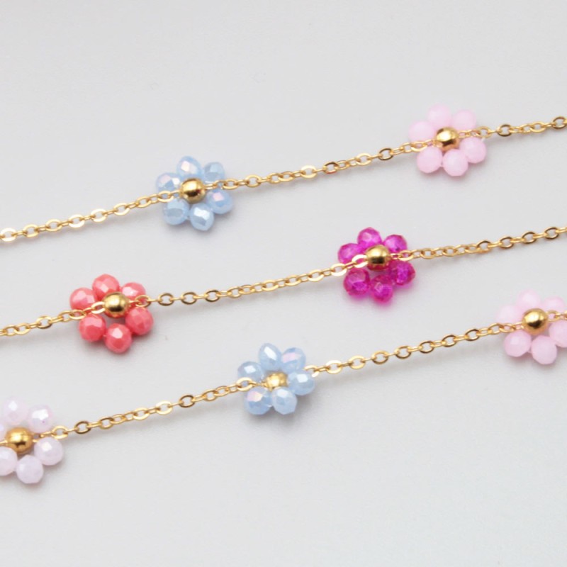 Catena acciaio oro con fiore cristalli colorati 10 mm conf. 50 cm (fio-1817) - pietreeminuterie.com