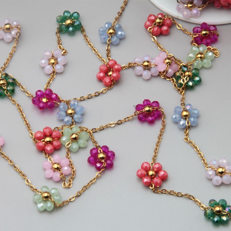 Catena acciaio oro con fiore cristalli colorati 10 mm conf. 50 cm (fio-1817) - pietreeminuterie.com
