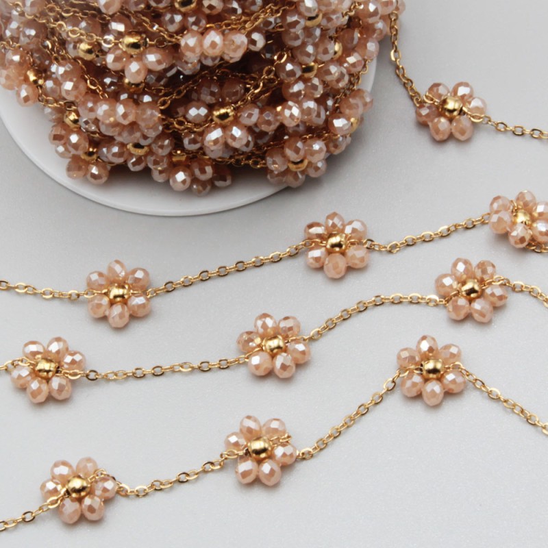 Catena acciaio oro con fiore cristalli cream A/B 10 mm conf. 50 cm (fio-1828) - pietreeminuterie.com
