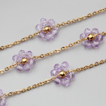 Catena acciaio oro con fiore cristalli rosa 10 mm conf. 50 cm