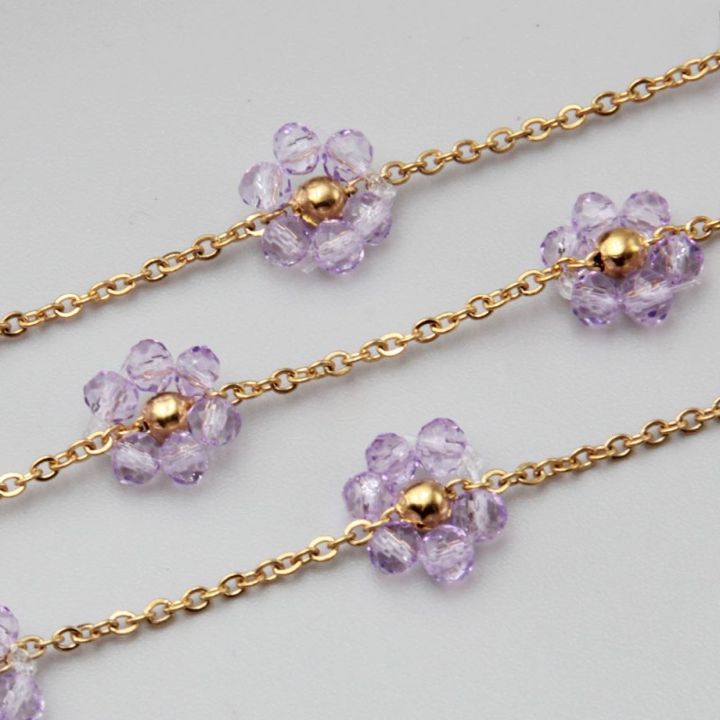 Catena acciaio oro con fiore cristalli rosa 10 mm conf. 50 cm (fio-1816) - pietreeminuterie.com