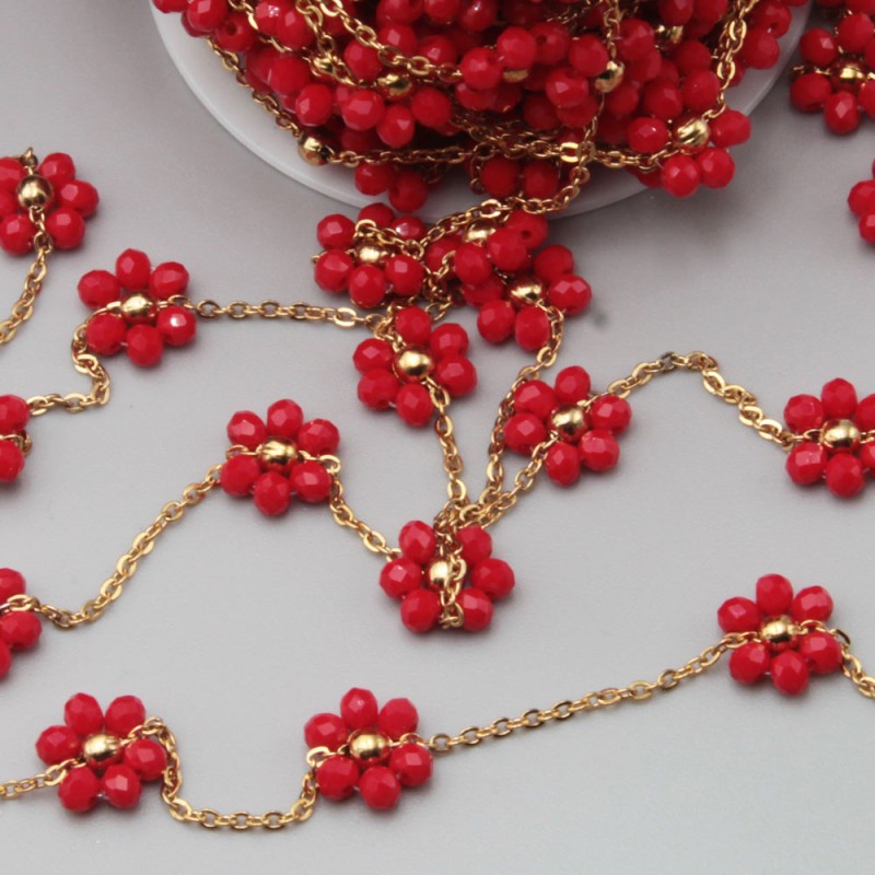 Catena acciaio oro con fiore cristalli rossi 10 mm conf. 50 cm (fio-1820) - pietreeminuterie.com