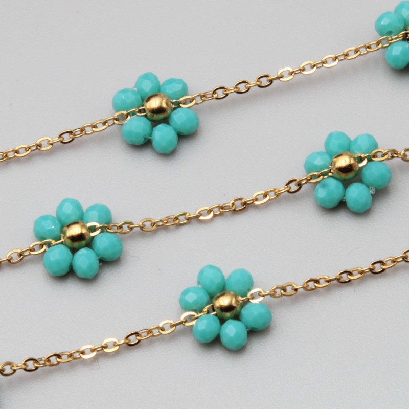 Catena acciaio oro con fiore cristalli turchese 10 mm conf. 50 cm (fio-1819) - pietreeminuterie.com