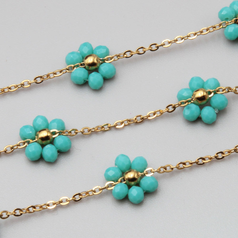 Catena acciaio oro con fiore cristalli turchese 10 mm conf. 50 cm (fio-1819) - pietreeminuterie.com