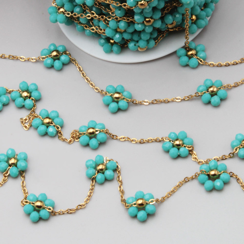 Catena acciaio oro con fiore cristalli turchese 10 mm conf. 50 cm (fio-1819) - pietreeminuterie.com