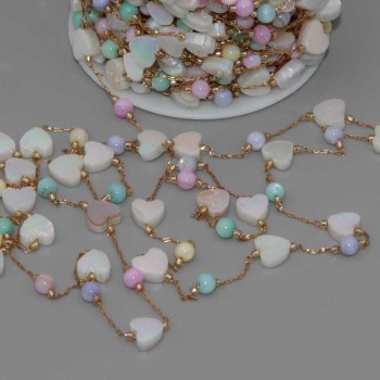 Catena in acciaio oro con madreperla cuore e palline conf.50 cm