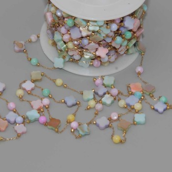 Catena in acciaio oro con madreperla quadrifoglio e palline conf.50 cm