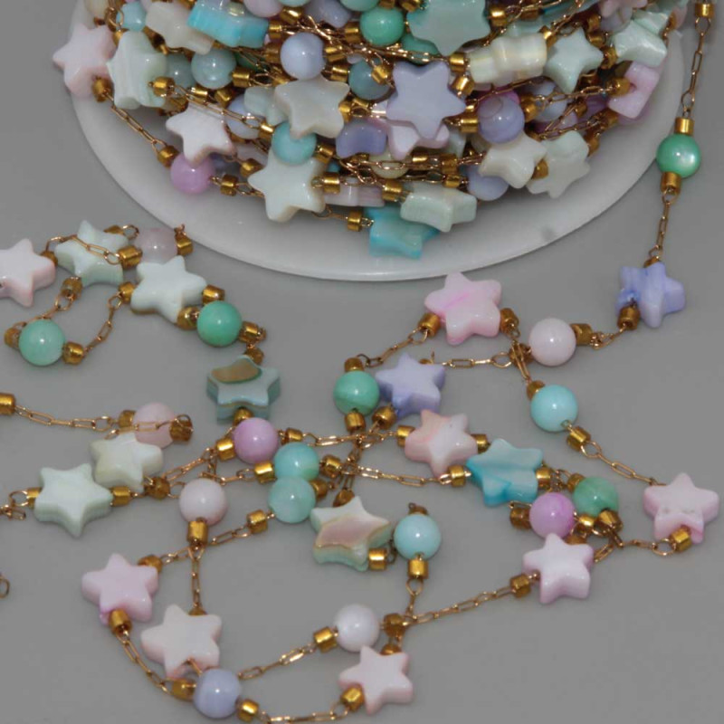 Catena in acciaio oro con madreperla stella e palline conf.50 cm (mad-s015) - pietreeminuterie.com
