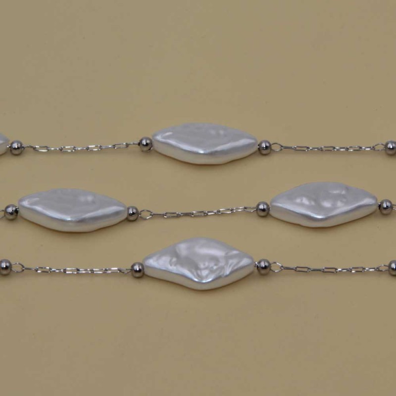 Catena acciaio con perle cerate rombo 16.5x9 mm conf. 50 cm (pep-010) - pietreeminuterie.com