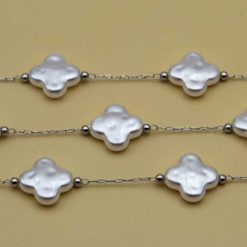 Catena acciaio con quadrifoglio grande perle cerate 13 mm conf. 50 cm