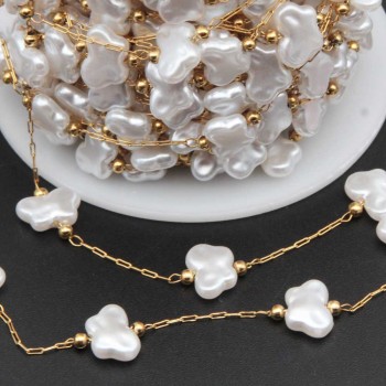 Catena in acciaio oro con perle faralla 10 mm conf. 50 cm