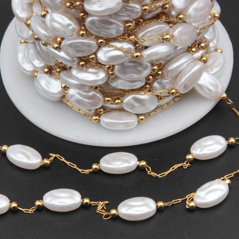 Catena in acciaio oro con perle gocce 9.5x6.2 mm conf. 50 cm (pp-farf22) - pietreeminuterie.com