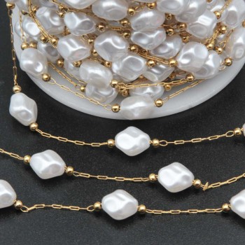 Catena in acciaio oro con perle pepite 9 mm conf. 50 cm