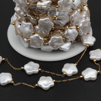 Catena in acciaio oro con perle stella 12 mm conf. 50 cm