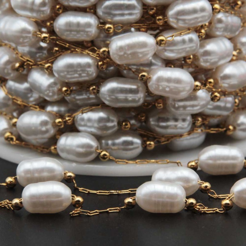 Catene in acciaio oro con perle ovale potato 9x6 mm con. 50 cm (ova-64m) - pietreeminuterie.com