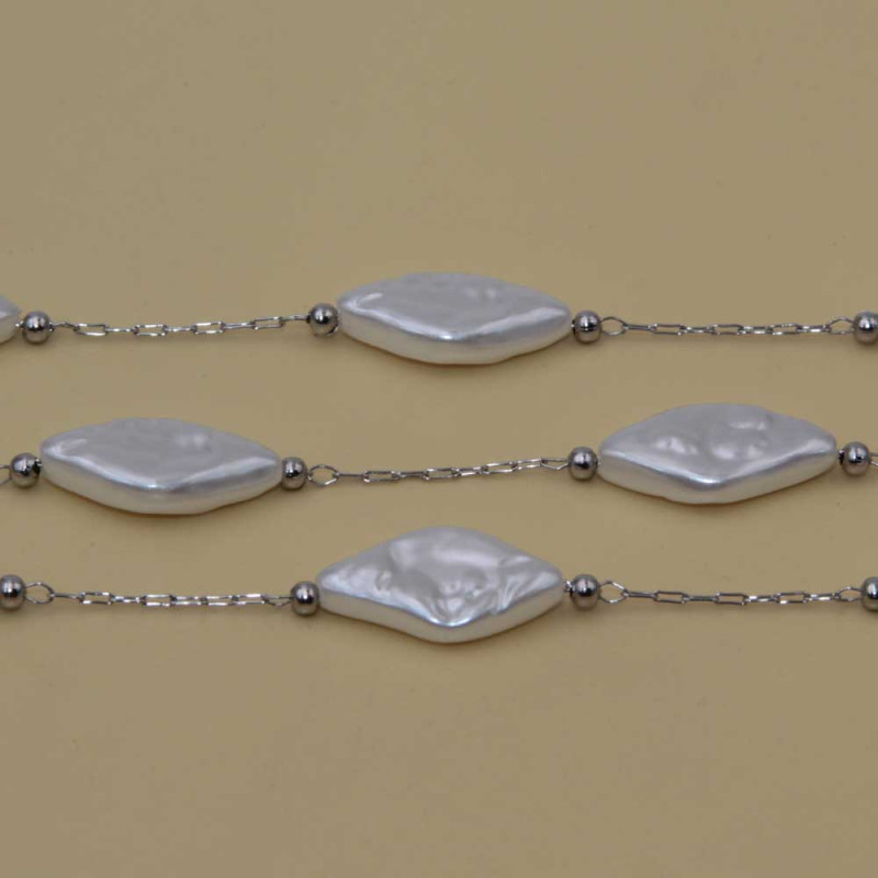Catena acciaio con perle cerate rombo 16.5x9 mm conf. 50 cm (pep-010) - pietreeminuterie.com