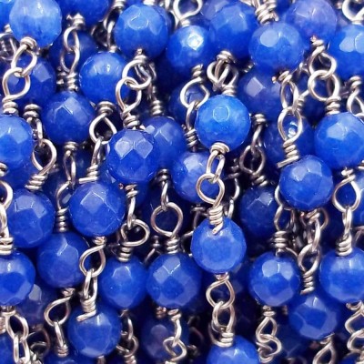 Catena rosario pietre dure agata blu tonda 4 mm filo rodio pacco 50 cm