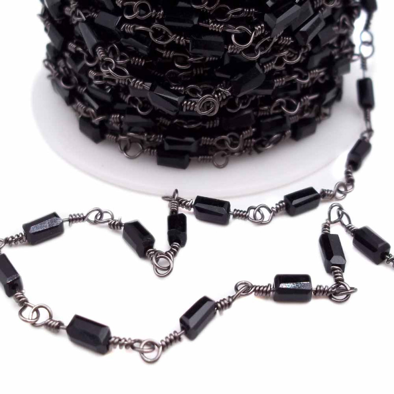 Catena ottone color rodio con cristalli rettangolari neri pacco 50 cm (rt257z1) - pietreeminuterie.com