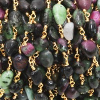 Catena rosario pietre dure rubizoisite pepite 8 mm circa maglia oro 50 cm