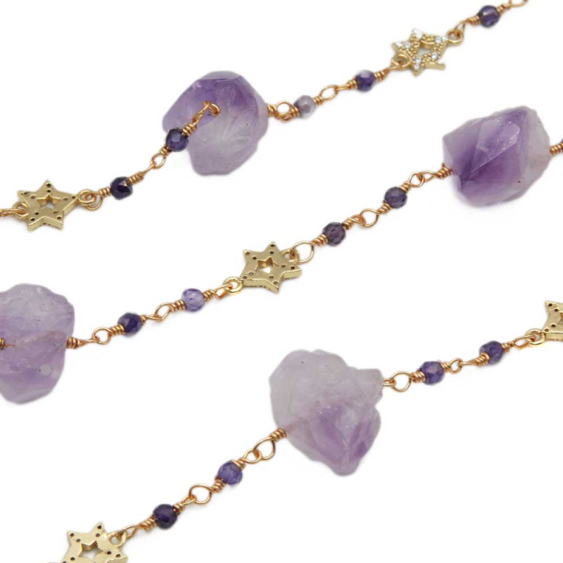 Catena con pepite di ametista e zirconi stelline oro 20 cm (am5catt) - pietreeminuterie.com