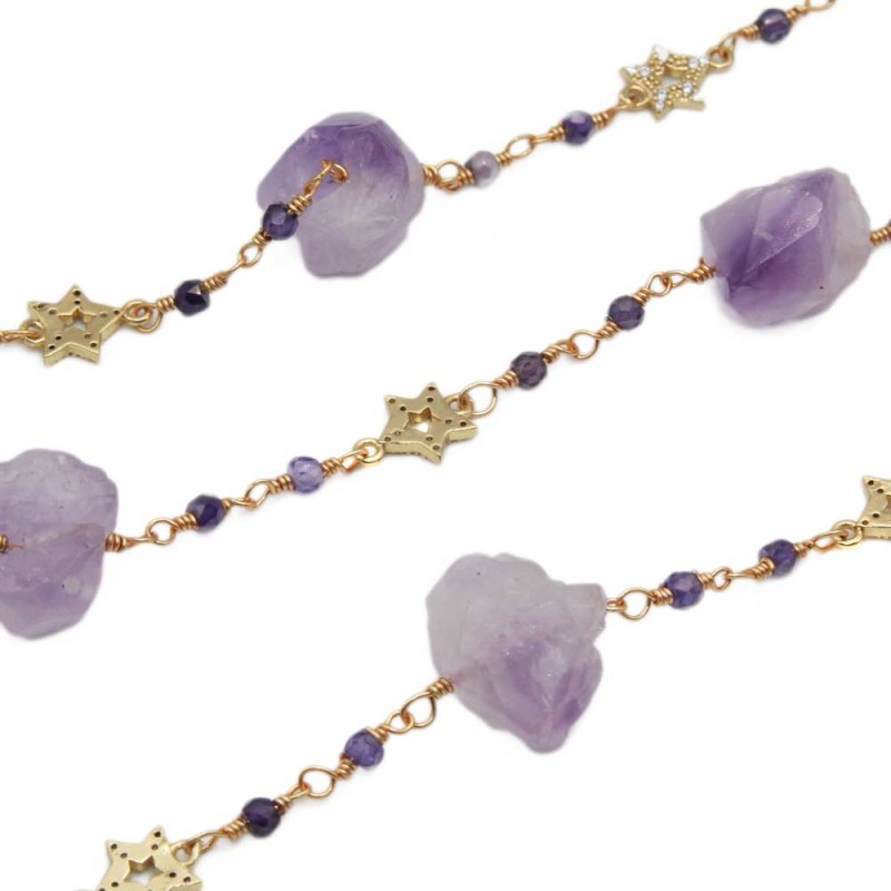 Catena con pepite di ametista e zirconi stelline oro 20 cm (am5catt) - pietreeminuterie.com