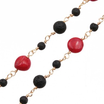 Catena ottone placcata oro con corallo e lava pacco 20 cm
