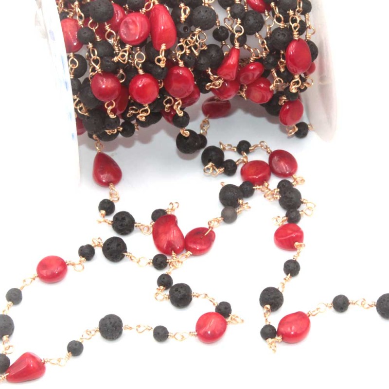 Catena ottone placcata oro con corallo e lava pacco 20 cm (ros-coral-1) - pietreeminuterie.com